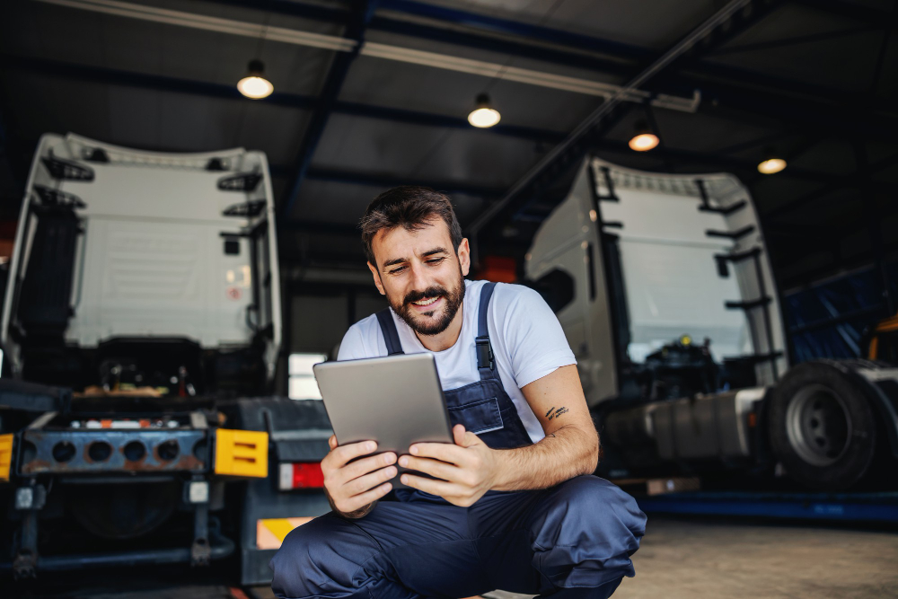 smiling-tattooed-bearded-blue-collar-worker-overalls-using-tablet-check-delivery-while-crouching-garage-import-export-firm