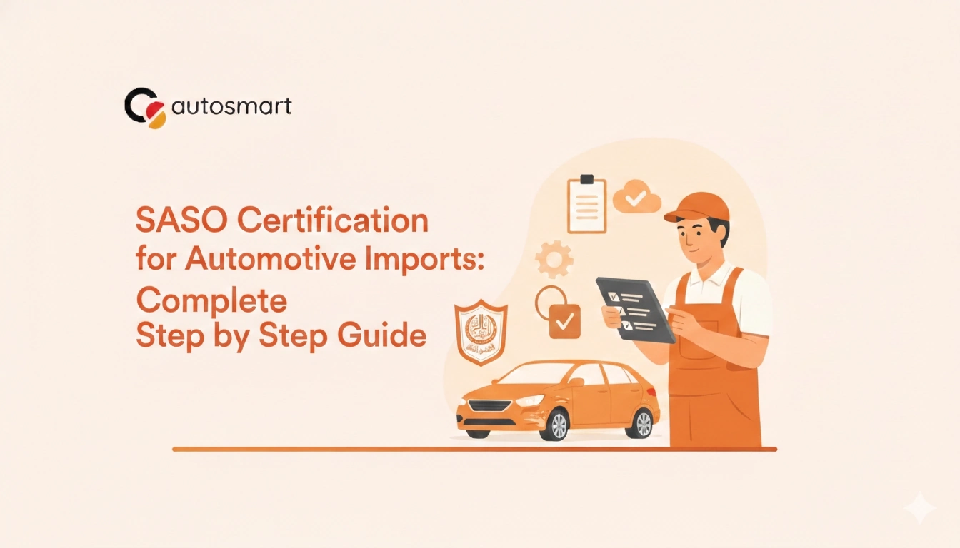 saso-certificate-automotive-imports Illustration showing SASO certification process for automotive imports, including vehicle inspection, testing reports, and SABER compliance checklist