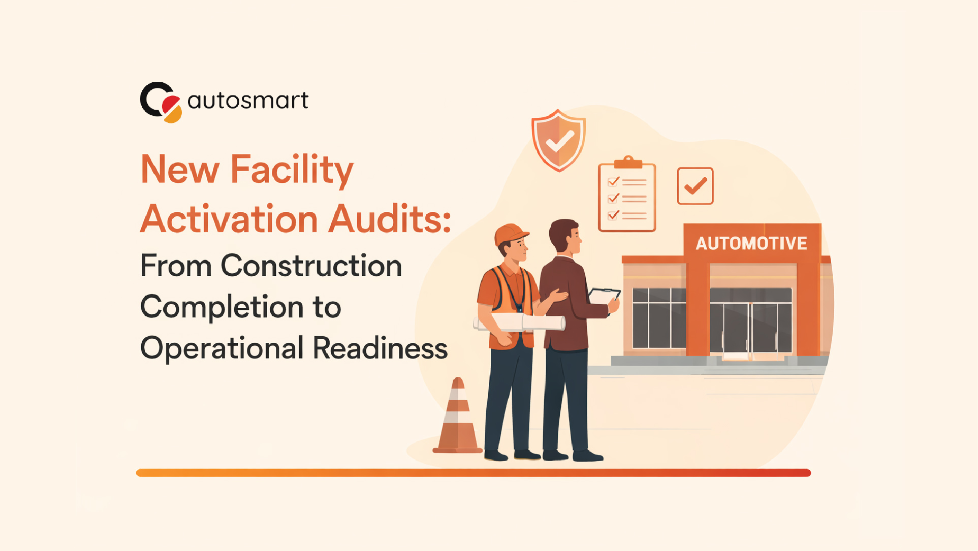 Auditor conducting new facility activation audit at an automotive dealership inspecting showroom setup, service bays, and operational readiness