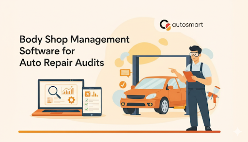 Technician using a tablet checklist for body shop management software audits in a collision repair workshop.