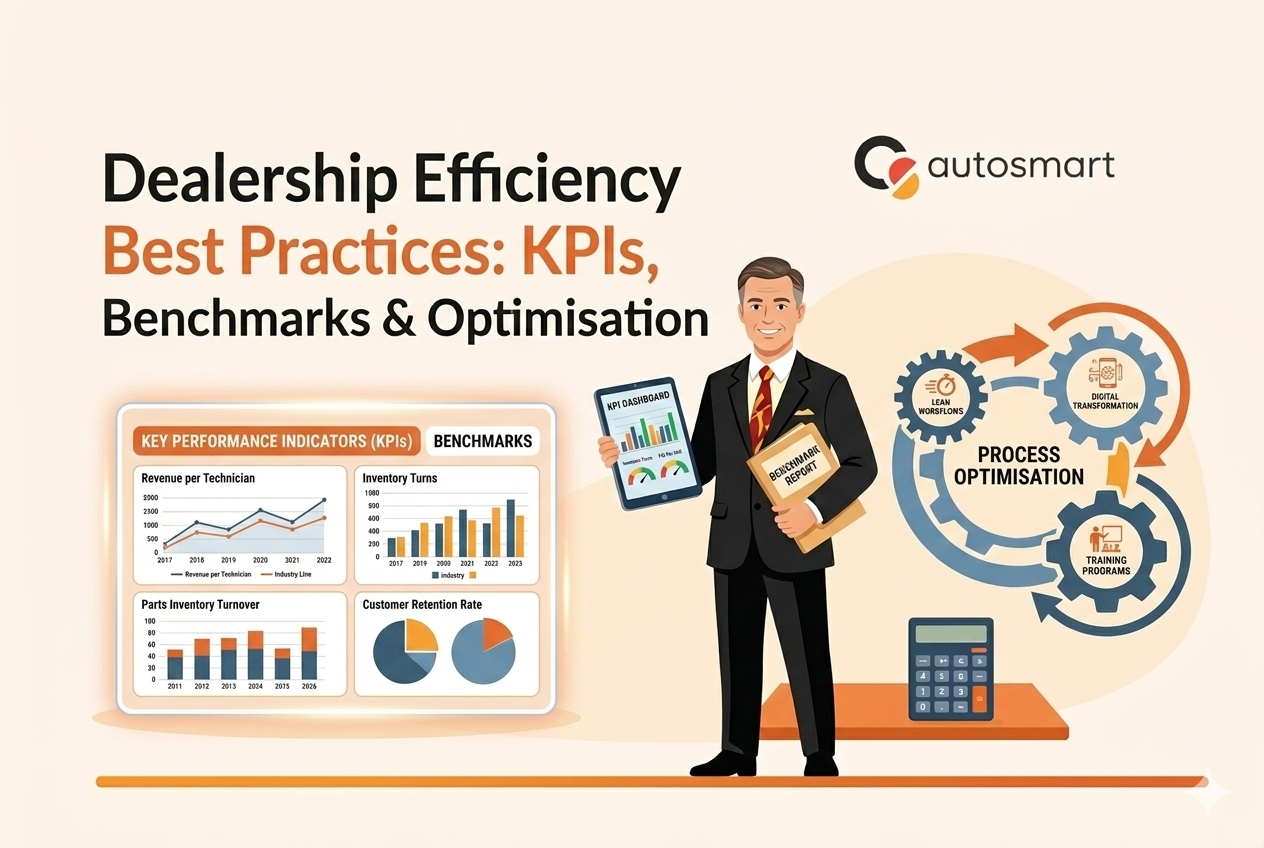 Service advisor reviewing dealership efficiency KPIs and benchmarks on a workshop dashboard