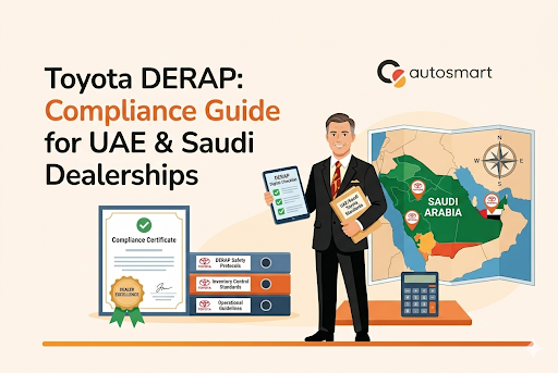 Toyota dealership manager completing DERAP environmental compliance audit checklist during workshop inspection