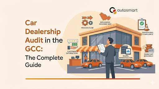 Visual guide to car dealership audit requirements in the GCC, showing an auditor evaluating a showroom with key metrics like process flow and regional compliance markers.