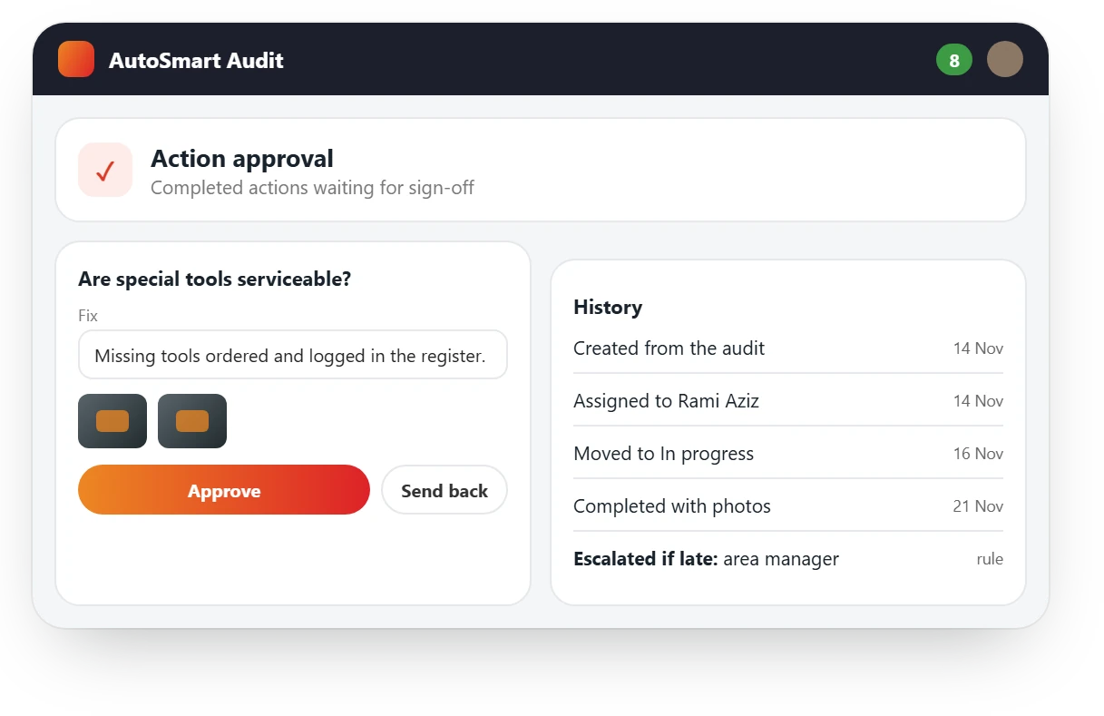 Action waiting for approval in AutoSmart Audit, with photo proof, Approve and Send back buttons and its history