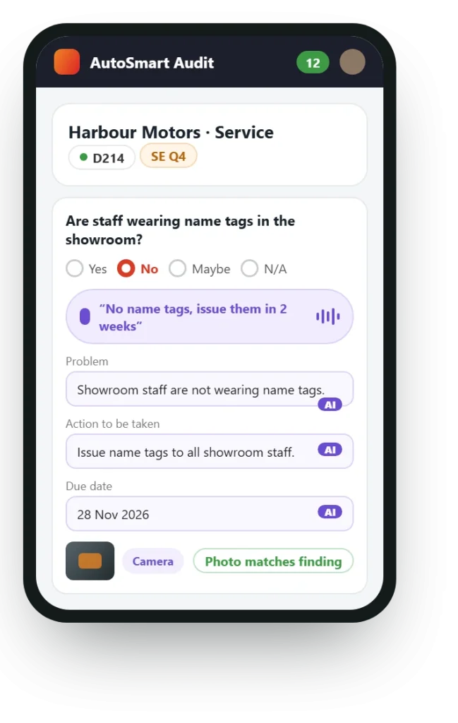 AutoSmart AI on a phone: the auditor says “No name tags, issue them in 2 weeks” and the problem, action and due date are filled in