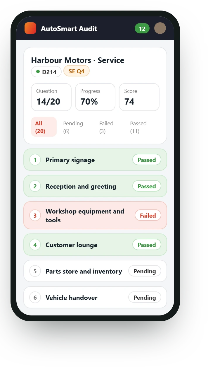 Audit in progress on a phone in AutoSmart Audit: question 14 of 20, 70% done, score 74, workshop equipment failed