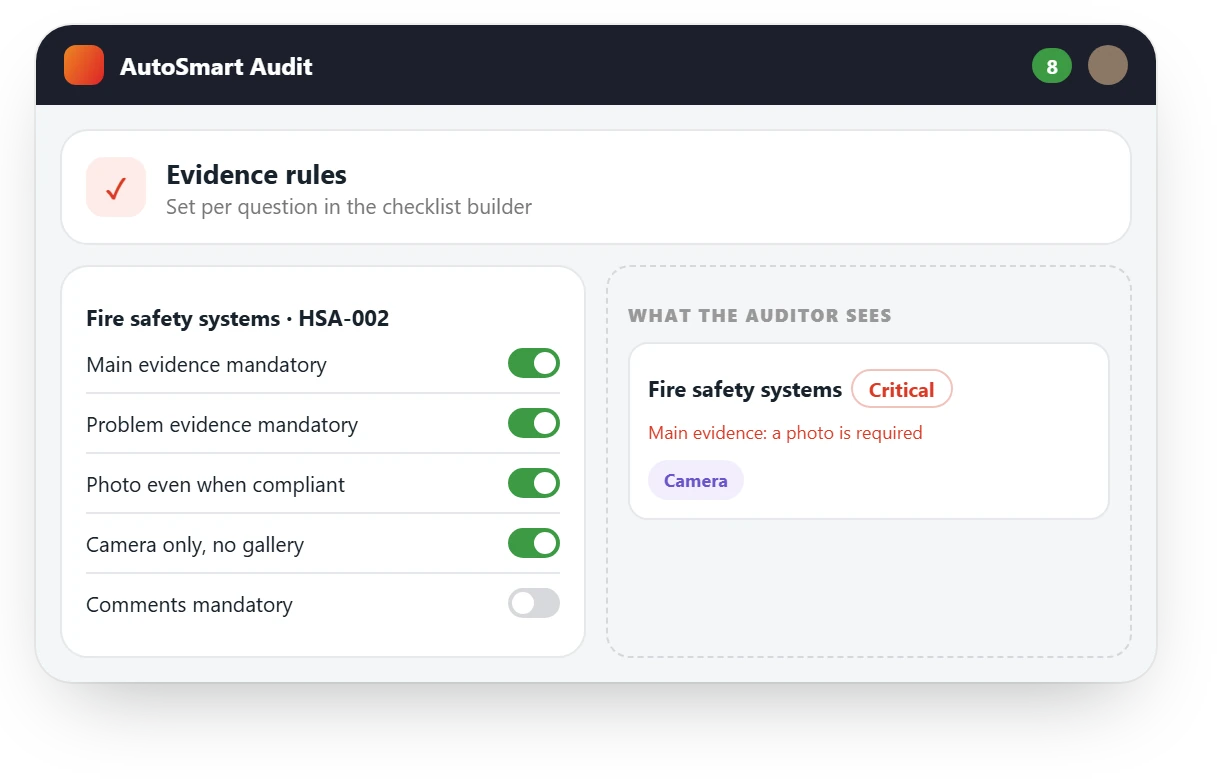 Evidence rules on a question in AutoSmart Audit: mandatory photos, photo even when compliant, camera only