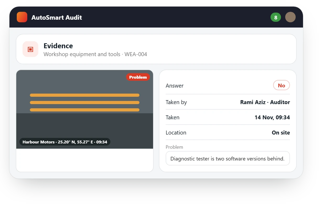 One evidence photo in AutoSmart Audit with its coordinates, time, auditor, answer and problem